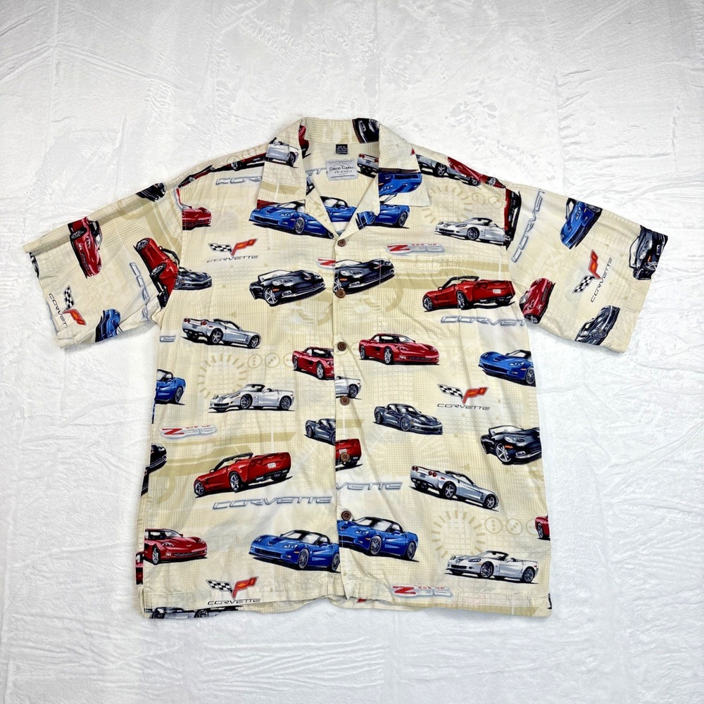 David Carey Corvette Shirt Mens XL Cream All Over Print C6 Z06 Camp Button Up
